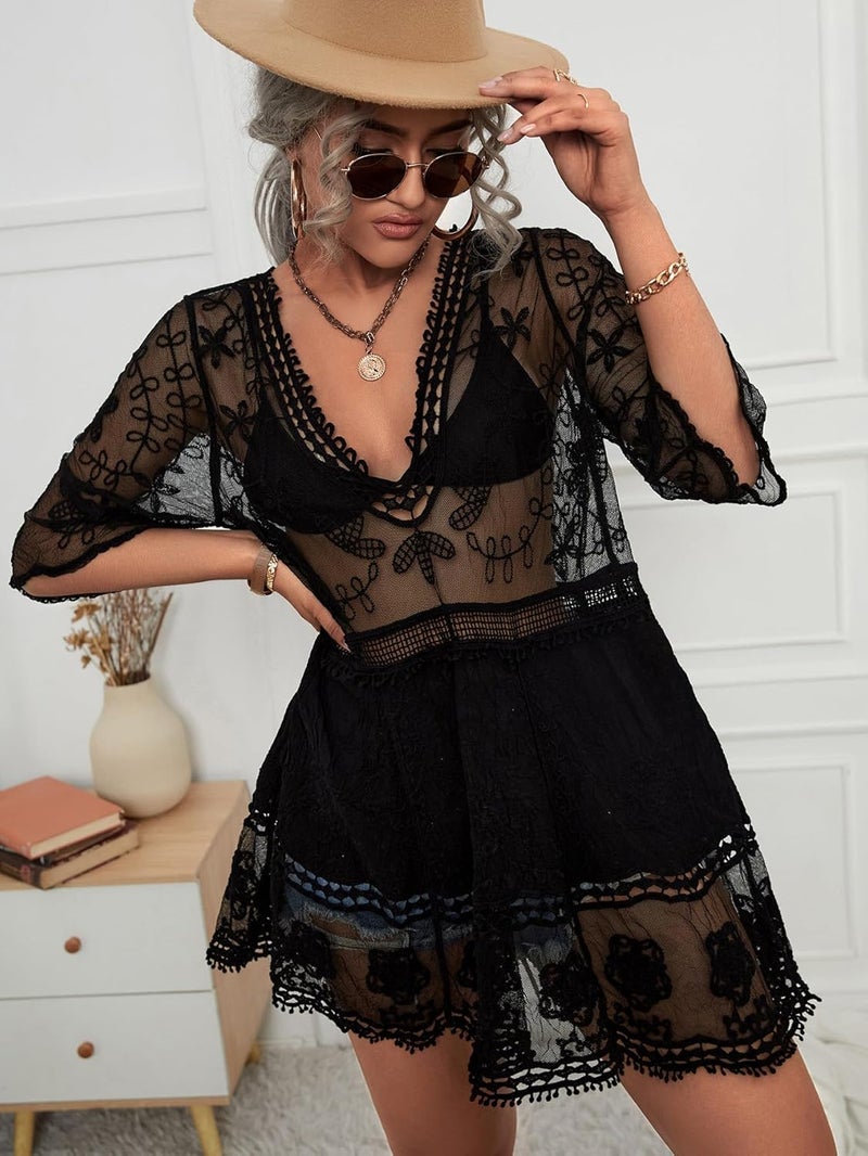 Eomenie Women's Contrast Lace Bathing Suit Cover Up V-Neck Swimsuit Coverups Loose Swimwear Beach Dress Beachwear - Image 4